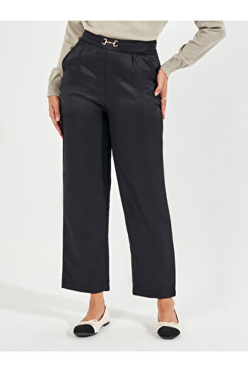 Styli High Rise Straight Leg Pants with Metal Accent