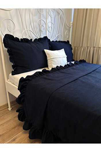 Decamor home Fırfırlı Lacivert Yatak Örtüsü Takımı Çift Kişilik