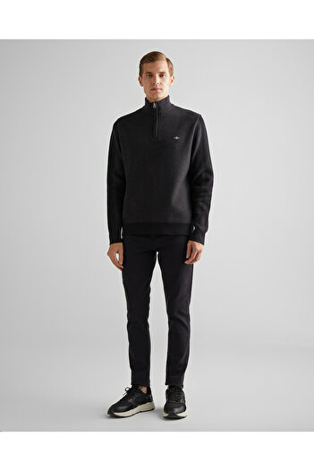 Gant Erkek Siyah Relaxed Fit Yarım Fermuarlı Renk Bloklu Kazak