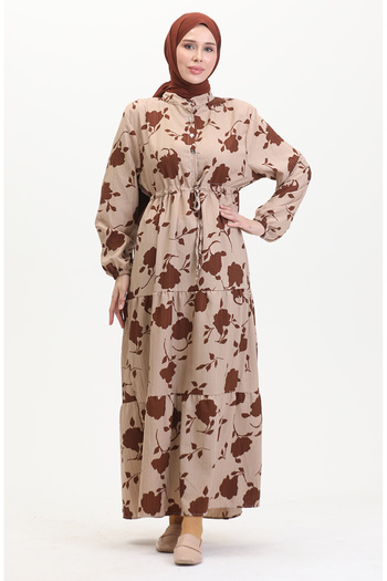 sefamerve Front Buttoned Lace up Patterned Dress 0516-03 Mink Brown