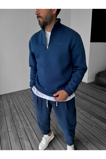 BYBASICMAN Navy Blue Half Zipper Embroidered Sweatshirt Pm-135