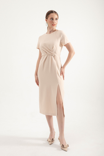 Lafaba Beige Midi Dress - Pearl Detail and Slit