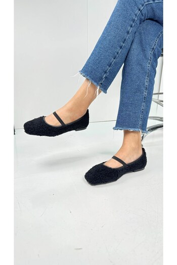 İmerShoes Black Plush Ballerinas - Elastic Oval Toe Low Heel Shoes 369