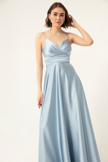 Lafaba Women's Baby Blue Rope Strap Waist Belted Satin Long Evening Dress & Graduation Dress