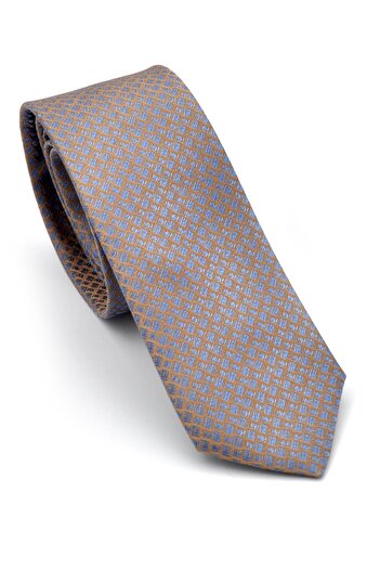 Gaffy Blue Small Square Patterned Beige Woven Fabric Slim Fit Tie with Handkerchief // Sdk- 240811