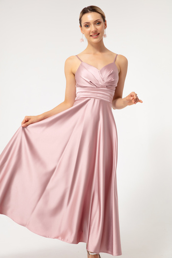 Lafaba Women's Powder Rope Strap Waist Belted Satin Midi Evening Dress & Graduation Dress