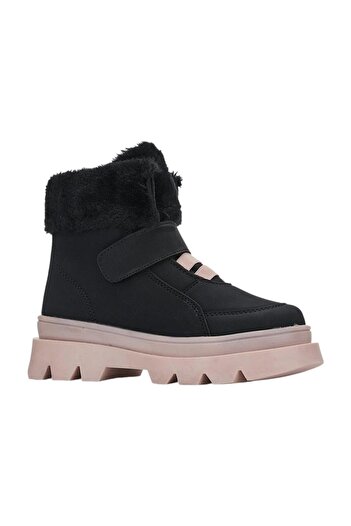 Liger Non-Slip Thick Sole Furry Velcro Children's Boots Black - Powder