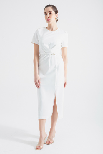 Lafaba Women's White Pearl Detailed Slit Midi Dress