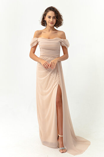 Lafaba Women's Beige Boat Neck Draped Slit Long Glitter Evening Dress