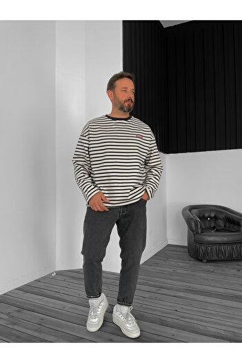 BYBASICMAN Ekru PM Çizgili Sweat PM-099