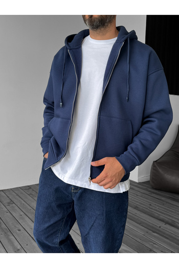 BYBASICMAN Lacivert Basic Fermuarlı Kapüşonlu Sweatshirt JJ-82