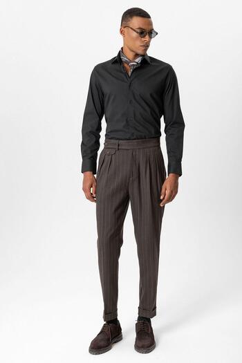 Antioch Brown High Waist Pleated Striped Men's Trousers