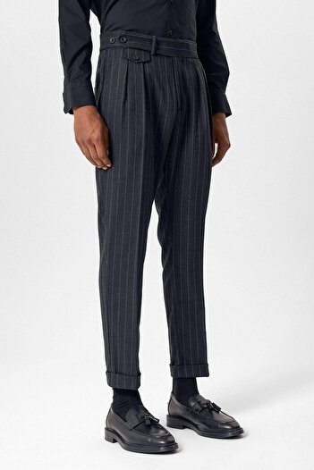Antioch Navy Blue High Waist Pleated Striped Men's Trousers