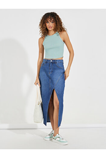 Styli Solid Denim Midi Skirt with High Slit & Button Detail