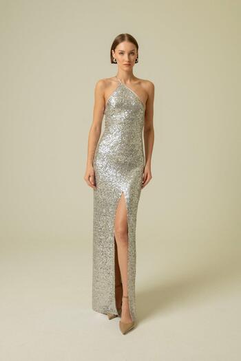 rue Silver Sequined One Shoulder Long Dress