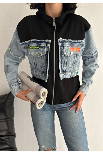 FEMELLE Women's Black Zippered Pocket Jeans Detailed Hooded Design Jacket