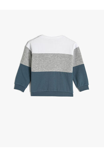 Koton Sweatshirt Crew Neck Color Block Printed Raised Cotton