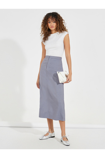 Styli Tailored Twill Midi Skirt with Back Slit