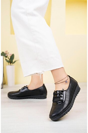Aymood Women's Black Skin Daily Comfortable Orthopedic Non-Slip Sole Ballerina Shoes