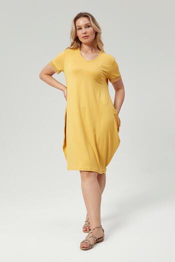 Ebsumu Yellow Plus Size Dress - Pocket and Sleeve Mesh Detail