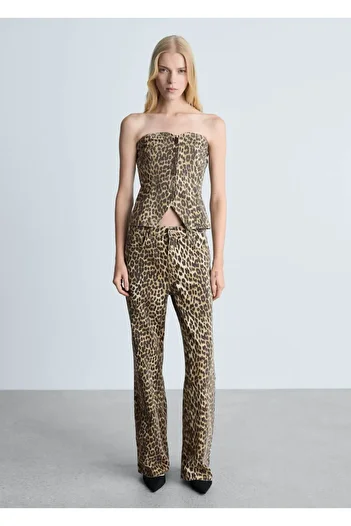 MANGO Woman Leopard Patterned High Waist Straight Cut Jeans