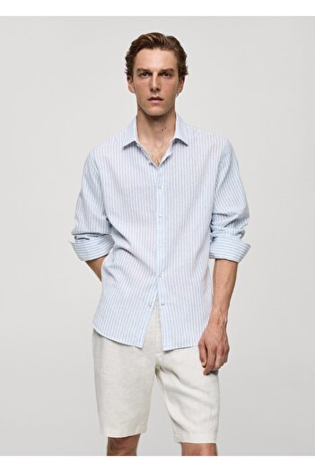 MANGO Man Regular Cut Striped Cotton Linen Shirt