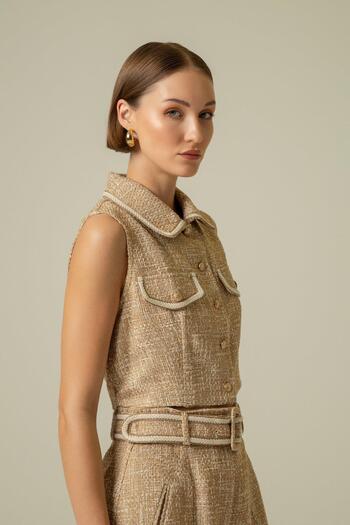 rue Gold Düğme Detaylı Camel Crop Yelek