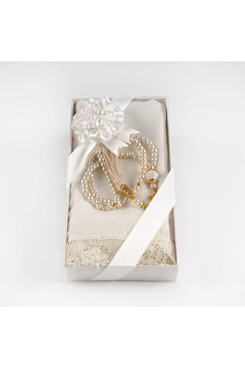 Hayrat Neşriyat Prayer Cloth (Shawl) + Rosary Gift Set (Cream)