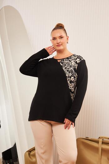 RMG Large Size Embroidery Detail Knitwear Blouse Black