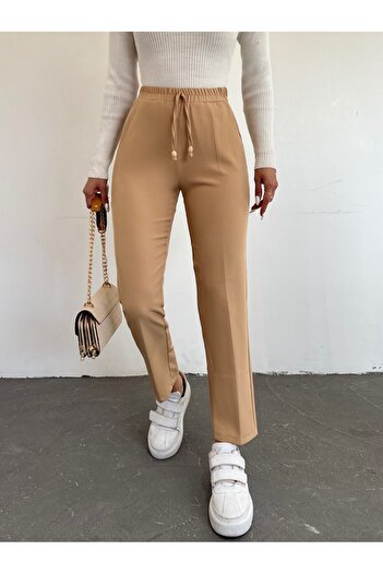Modamorfo Light Mink - Double Pocket Trousers with Lacing Detail and Elastic Waist