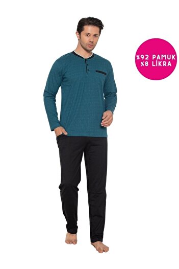 bie's Plus Size Petrol Buttoned Cotton Lycra Long Sleeve Seasonal Pajamas Set with Chest Pocket