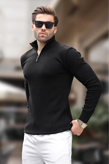 Madmext Black Zipper Collar Long Sleeve Knitted Sweater 7286