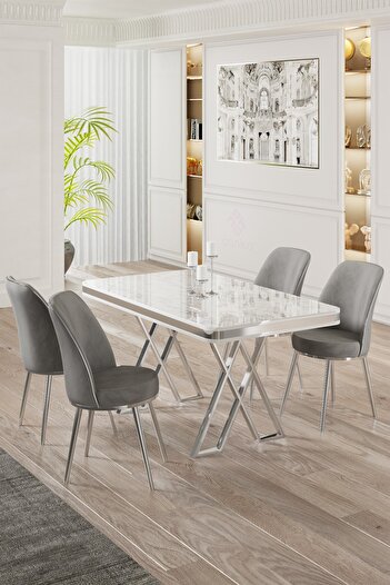 Canisa Vals Serisi 80x130 Lak Panel Beyaz Mermer Desen Masa Takımı Krom Ayaklı 4 Gri Sandalye