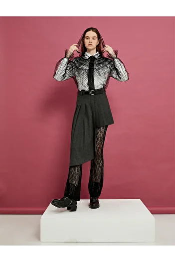 Koton Hooded Tulle Transparent Blouse Ruffled Long Sleeve Polka Dot
