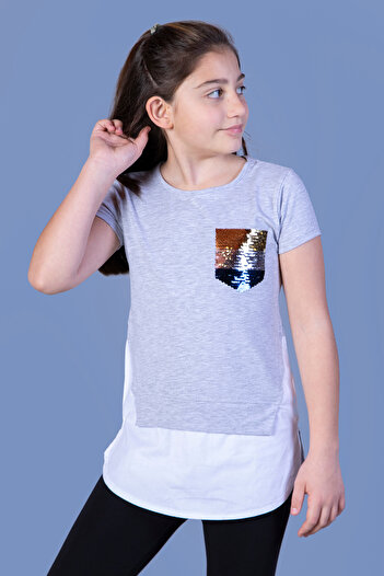 Toontoy Girl's Sequin Embroidered T-Shirt with Chest Pockets