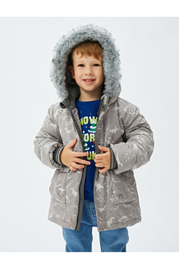 Koton Pufferjacke mit Kapuze, Kunstpelzdetail und Reißverschlusstasche
