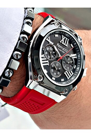 Ferrucci Red Color Silicone Functions Active Sports Men's Wrist Watch + Bracelet