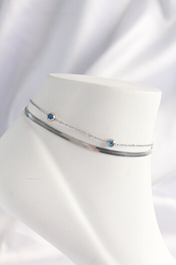 SeyCey.co 316L Steel Silver Color Evil Eye Bead Designed 2-Piece Anklet