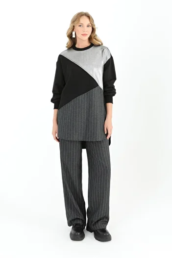 Puane Asymmetric Cut Lace Detailed Striped Black-Anthracite Women's Tunic 10553
