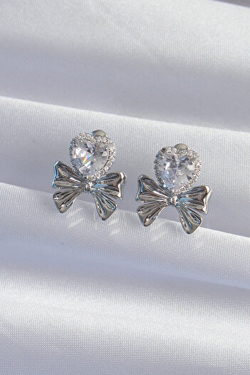 SeyCey.co Brass Silver Color Zircon Stone Heart Model Bow Earrings