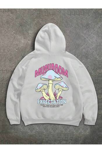 PENTHİLUS Φούτερ MUSHROOM White Oversize Hooded - εμπρός και πίσω με στάμπα