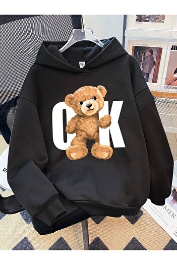 PENTHİLUS Μαύρο φούτερ με κουκούλα Oversize - Arrow Teddy Bear εμπρός εμπριμέ κουκούλα