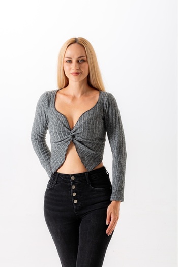 Wild Flower Dark Grey Heart Collar Long-Sleeved Front Twist Top Spring Autumn Blouse
