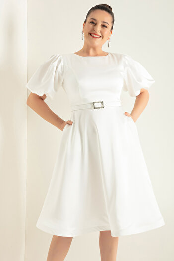 Lafaba Women's White Balloon Sleeve Stone Belted Plus Size Satin Evening Dress