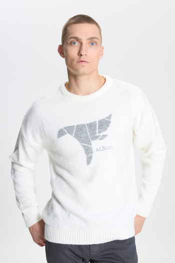 AC&Co / Altınyıldız Classics Men's Ecru Oversize Loose Cut Crew Neck Patterned Rose Gold Soft Textured Knitwear Sweater