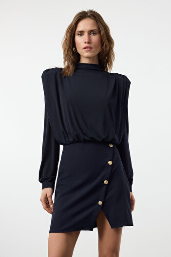 Trendyol Collection Sötétkék mini, egyenes, párnázott szőtt ruha - Twoaw24El00483