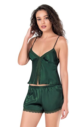 PRIMODA Dark Green Satin Babydoll Shorts Set 9128