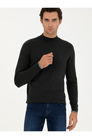 Cacharel Antrasit Melanj Slim Fit Yarım Balıkçı Basic Triko Kazak 50245057-VR081