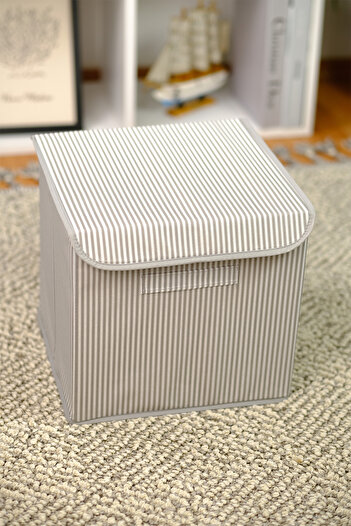 PRENDİ HOME Gray Striped Lid Office Bedroom Toy Towel Storage Box Organizer 30X30X30