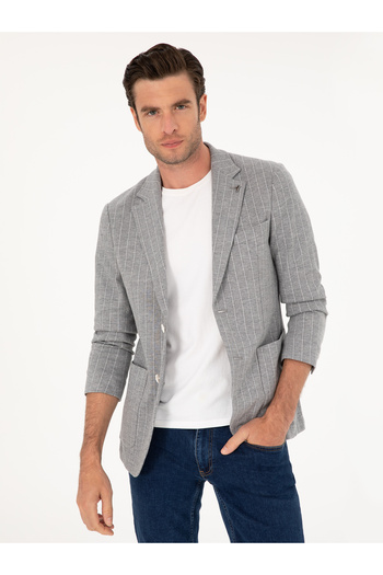 Cacharel Açık Gri Slim Fit Çizgili Yün Karışımlı Ceket 50284497-VR001